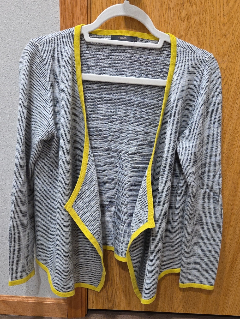 THML Open Front Drape Cardigan - Gray, Light Blue Pattern with Yellow Trim